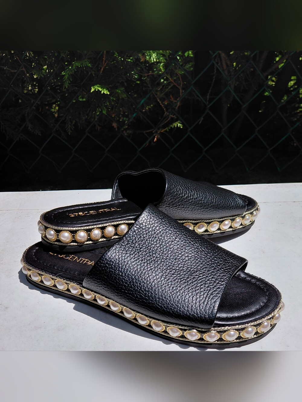 Black Pearl-Trim Slide Sandals by
